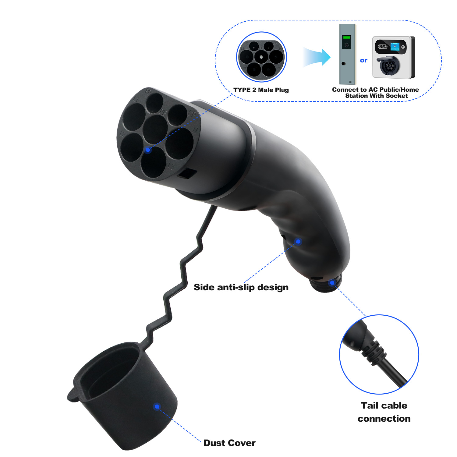 Kolanky Type 2 prise EV mâle 1 - Ev Charger Type 2 22Kw 32A 3 Phase avis et prix